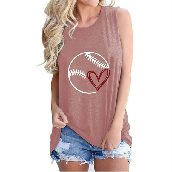 Usmixi Tank Top for Women Baseball Graphics Round Neck Sleeveless T Shirts Breathable Loose Fit Athletic Workout Vest Blouses Pink XL Clearance Clothes