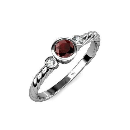 

Red Garnet and Diamond (SI2-I1 G-H) Three Stone Rope Ring 0.76 ct tw in 14K White Gold.size 6.0