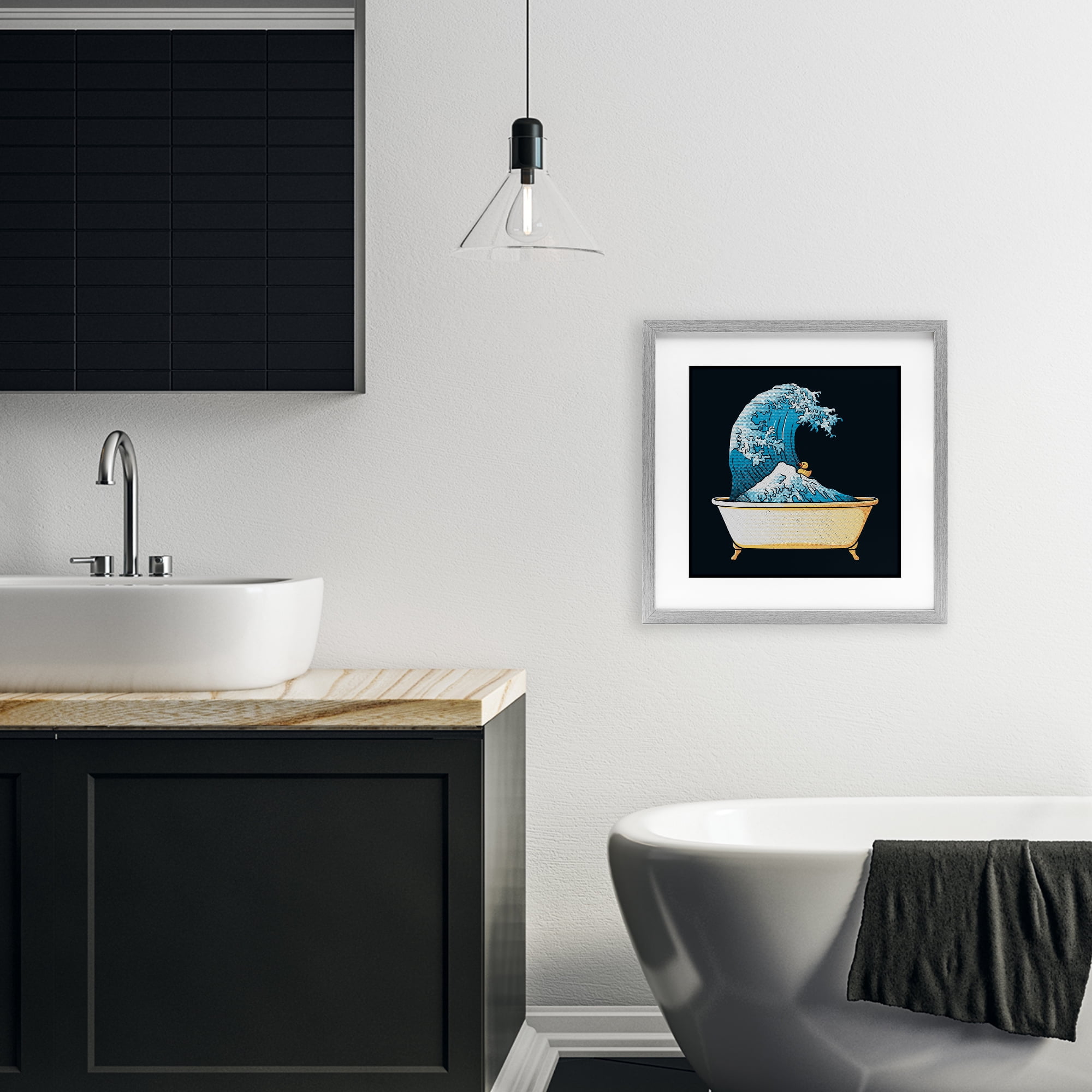 Stupell Industries Bathtub with Kanagawa Wave Gray Framed Print Under Glass, design by Tobe Fonseca