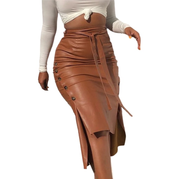 Gureui Women´s Vintage Faux Leather Midi Skirt, Solid Color High Waist Button Trim Slit Irregular Hem Bodycon Pencil Skirt with Belt Streetwear