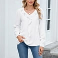 thumbnail image 4 of WTOBBY Women's Fashionable Casual Long Sleeved V-Neck Pleated Ruffle Edge Shirt Pullover Top - Chiffon Blouse with Stylish Design for Feminine Outfits,White M, 4 of 8