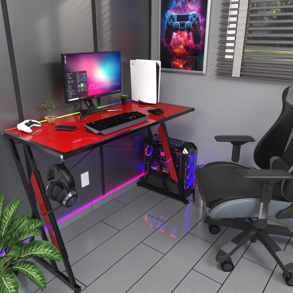 Escritorio para Computadora Bicolor Acabado Alto Brillo Modelo Zi con Iluminación Tira de LED Neon RGBIC 104x50 cm color Rojo / Rosa