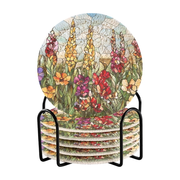Haosy Set of 6 Drink Woven Coaster with Holder Heat Resistant Non-Slip Bar Coasters 4 Inches Colored Glass Flowers