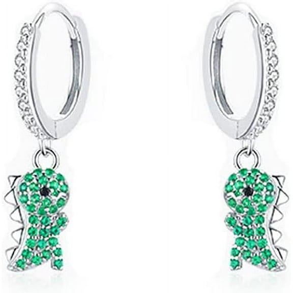 Cute Dinosaur Dangle Hoop Earrings S925 Sterling Silver Green Cubic Zirconia Crystal Lovely Animal Dangling Charm Drop Huggie Hoops Studs Earring Dainty Jewelry for Women