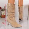 thumbnail image 3 of Kitten Heel Mid Calf Boots for Women Slouchy Splice Suede Pointed Toe Pull on Dressy Short Fall Booties Stiletto Heels, 3 of 7