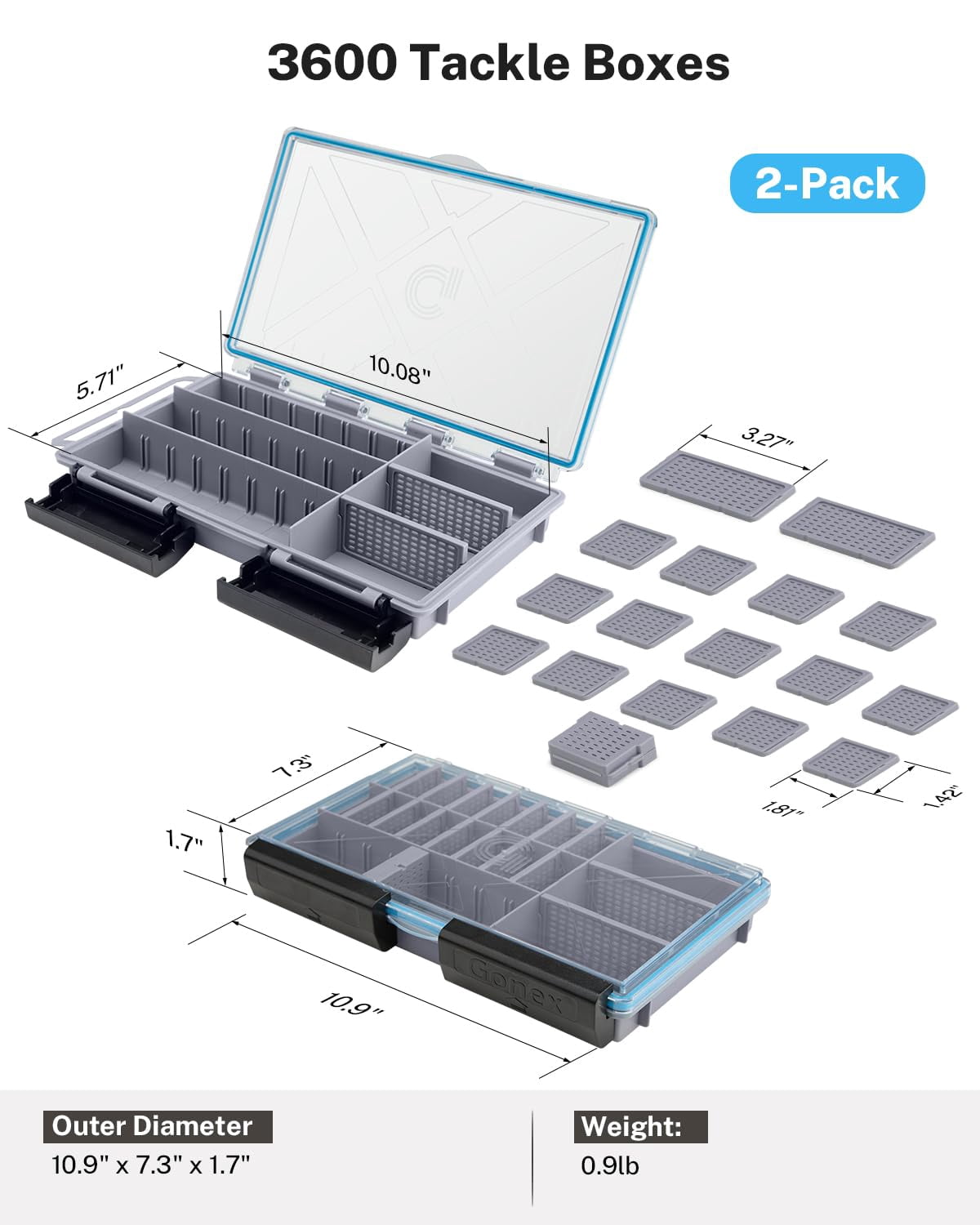 Tackle Boxes For Fishing 2-pack Waterproof With Adjustable Compartments  Clear Portable Trays Plastic Organizers Diy Dividers Lures Hooks & Bass Gear 3600 Gray