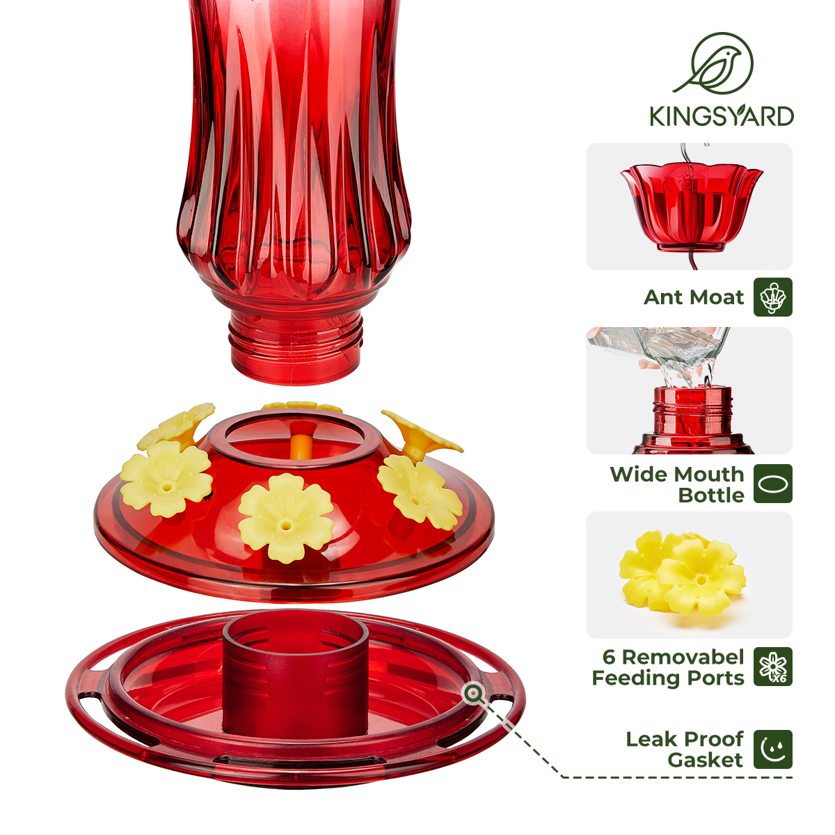 Kingsyard Hummingbird Feeder for Outdoors Hanging, 25 Ounces Leak Proof, Glass Humming Bird Nectar Feeder with Ant Moat & 6 Bee Guard Feeding Ports, Red Gradient