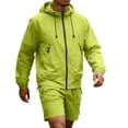 thumbnail image 2 of ZsaeSM Men 2 Piece Outdoor Outfit Sets Full‑Zip Hooded Windbreaker Jacket & Multi‑Pocket Cargo Shorts Casual Summer Suit Fluorescent Green L, 2 of 8