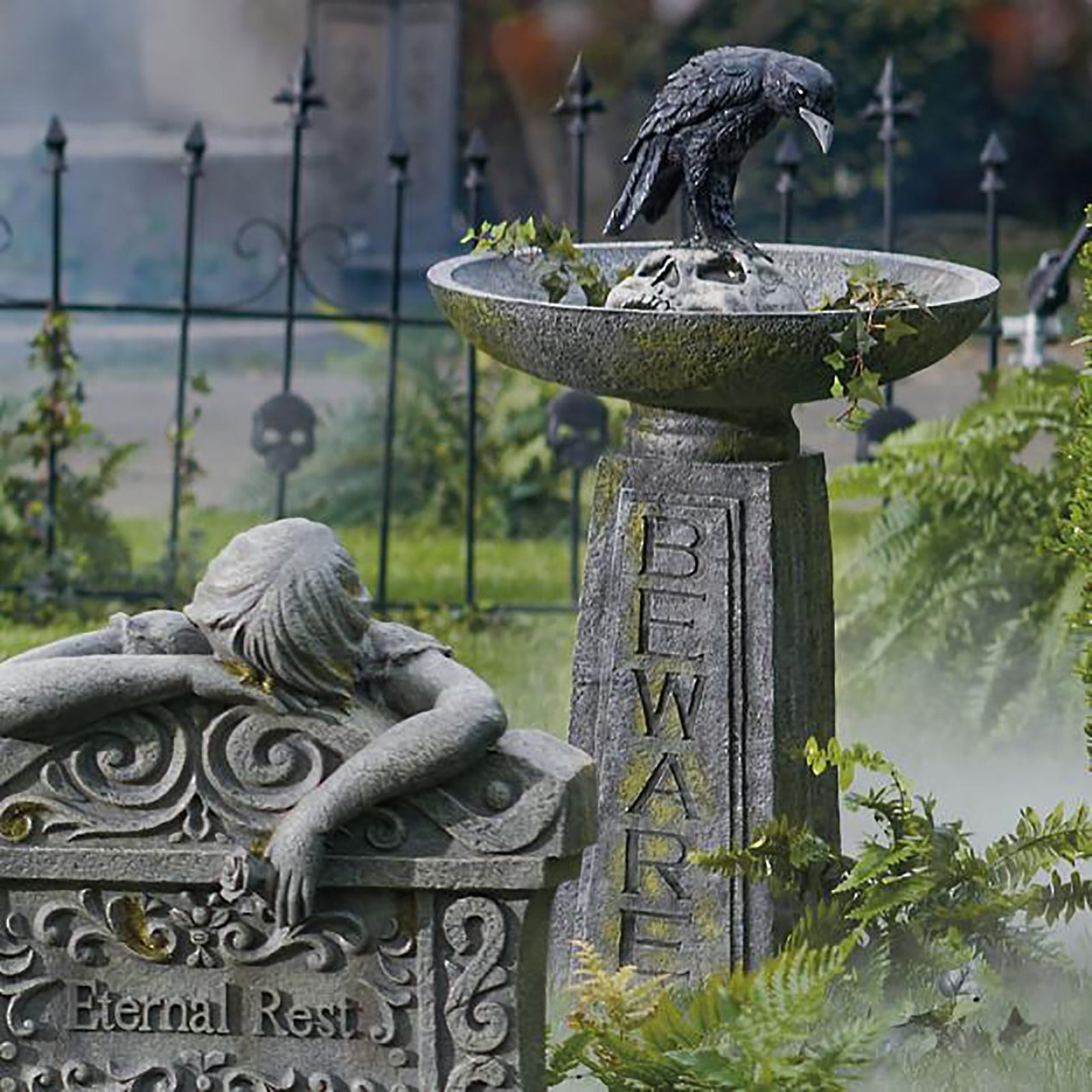 Beautynvta Halloween Ravens On Skull Bird Bath, Crow Skeleton Resin Halloween Ornament, Hummingbird Feeder Statue for Haunted Garden or Graveyard Scene, 4.5" x 4.2" x 9.7", Black