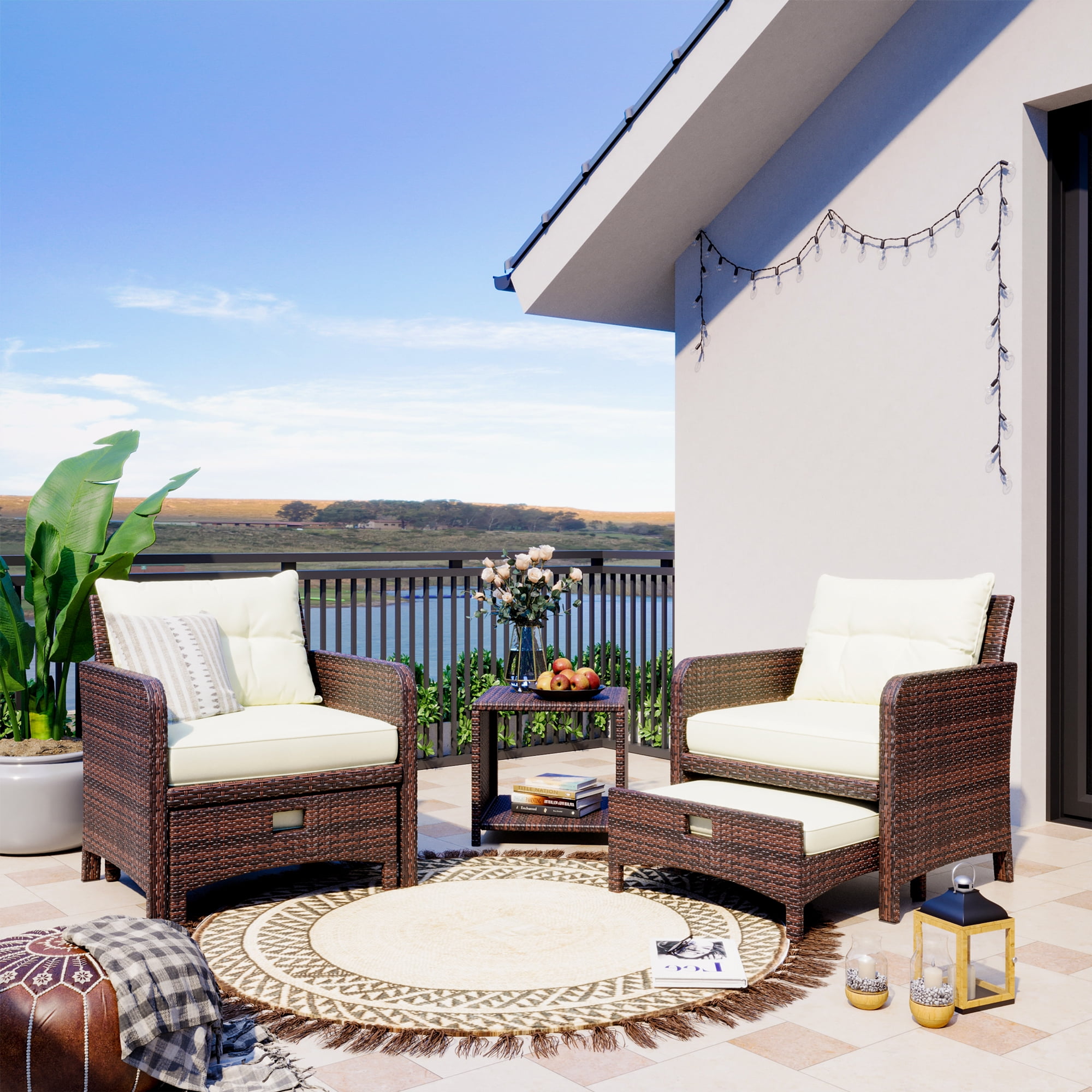 PAMAPIC 5 Pieces Wicker Patio Furniture Set Outdoor Patio Chairs with Ottomans (Beige)