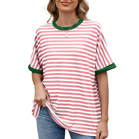 UVN Striped Tops for Women Summer Short Sleeve T Shirts Casual Crewneck Color Block Shirts