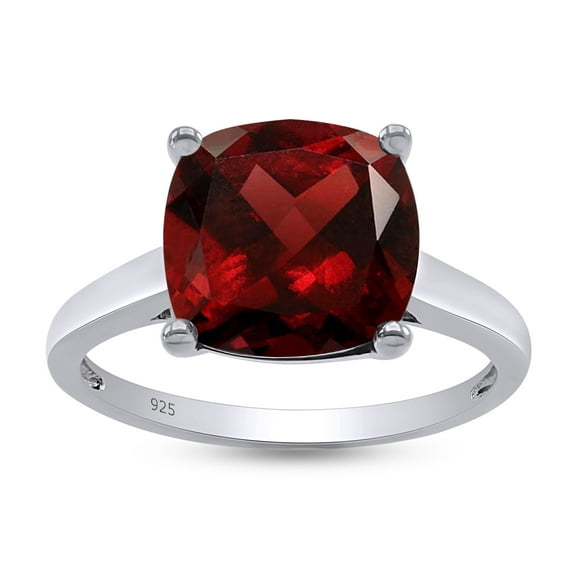AFFY 5 Ct Cushion Cut Simulated Garnet Solitaire Ring in 14k White Gold Over Sterling Silver Ring Size - 4