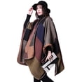 thumbnail image 3 of Women's Color Block Shawl Wrap Plus Size Cardigan Poncho Cape Open Front Long Winter Sweater Coat, 3 of 7