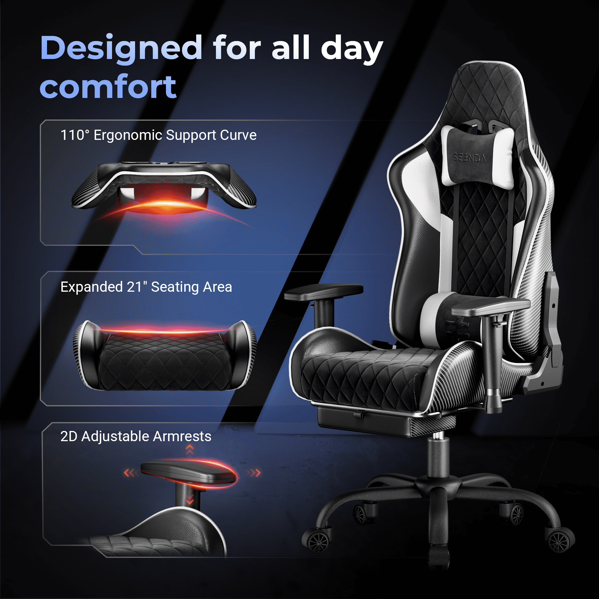Seenda GCPro-10 Big and Tall Gaming Chair with Footrest, High-Back Ergonomic Office Chair, Heavy Duty Reclining Computer Desk Chair with Adjustable Lumbar Support and Headrest