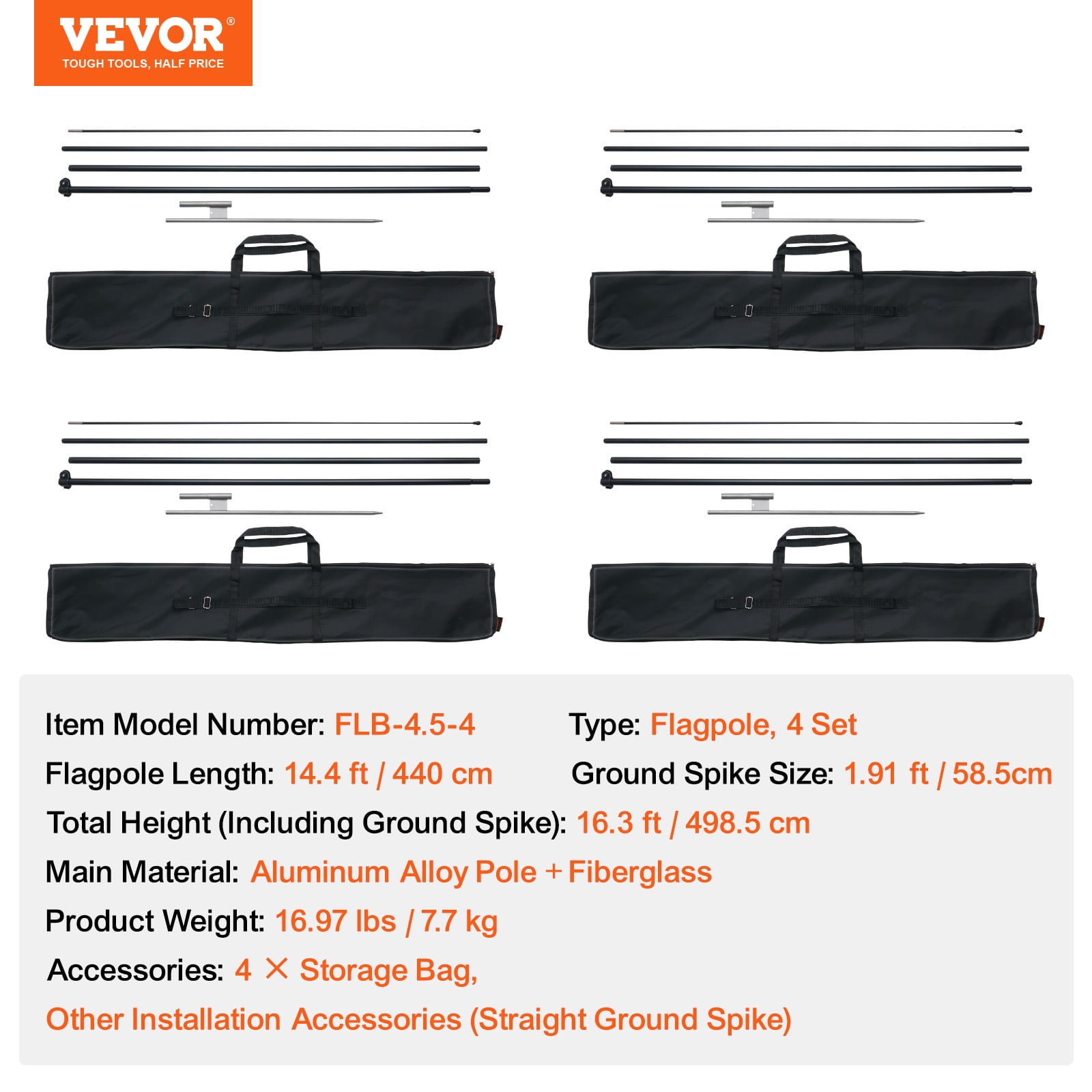 VEVOR Feather Flag Pole Kit, 4 Packs Swooper Flag Pole 16.3 ft, Sign Flag Poles for Business Advertising Flags Outdoor, with Ground Stakes and A Carrying Bag (Flag Not Included)