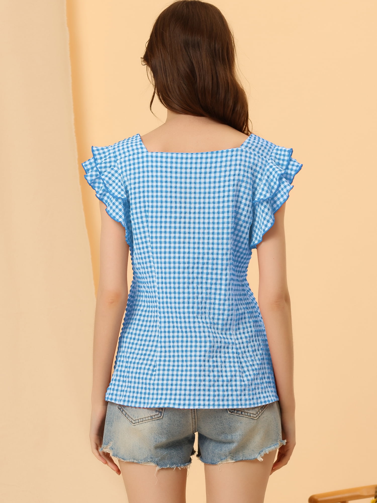 DARING DIVA Square Neck Ruffle Sleeve Blouse M Blue
