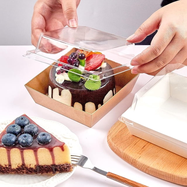 Paquete de 50 cajas de panadería con tapas transparentes, Cajas de postres para llevar , Cajas de pastel de papel, cajas de golosinas transparentes (Marrón 1)