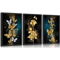 Abstract Gold Butterfly Canvas Wall Art Gold Butterfly And Rose Wall Decor Pictures Modern Luxury Flowers Posters Prints Painting for Living Room Bedroom（Only canvas）