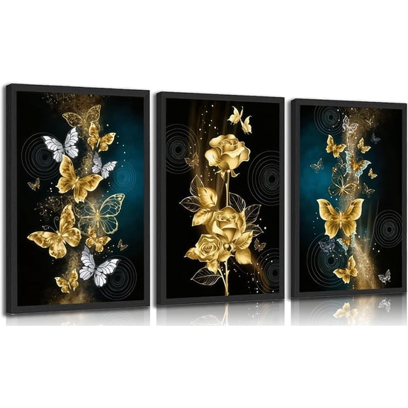 Abstract Gold Butterfly Canvas Wall Art Gold Butterfly And Rose Wall Decor Pictures Modern Luxury Flowers Posters Prints Painting for Living Room Bedroom（Only canvas）