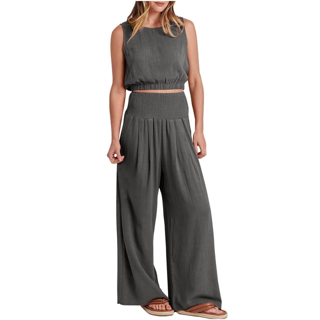 fheaev Ensembles en Coton et Lin pour Femmes, Tenues Décontractées à Manches Courtes, Col Rond, Pantalons Larges, Ensembles de Détente en Lin, Survêtements de Voyage Assortis