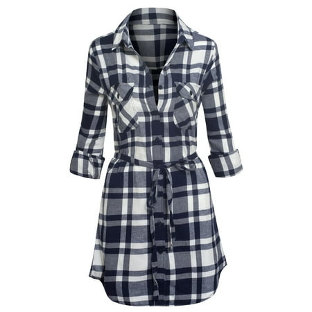 button flannel shirt down dress tunic belted plaid sleeve