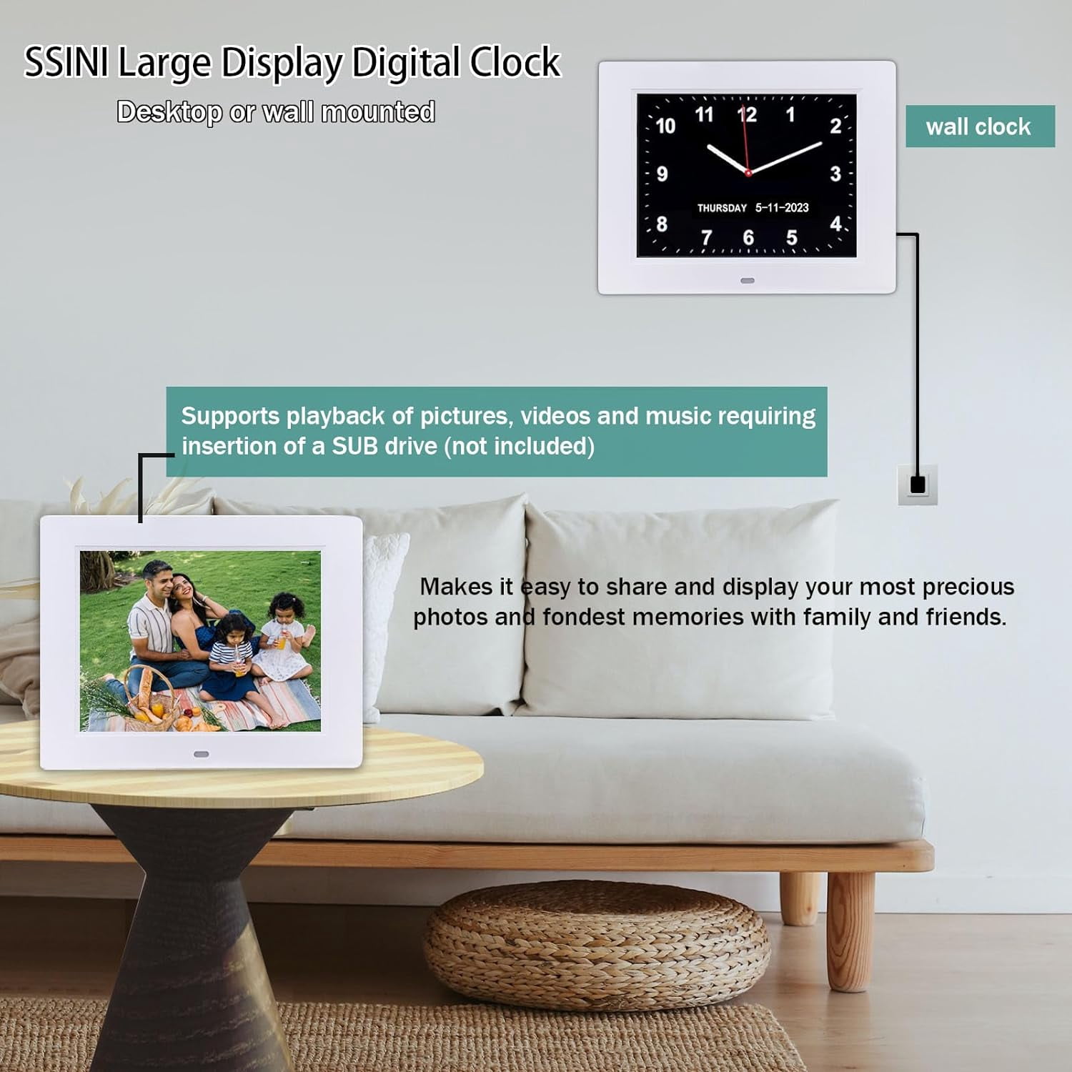 Large Digital Calendar Clock for Seniors with 12 Custom Alarms and Auto-Dimming Display