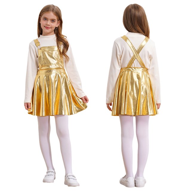 RUNQHUI Robe Salopette Évasée pour Filles Fête d'Anniversaire Robe Salopette à Bretelles Jupe Plissée Vêtements de Carnaval Or 12