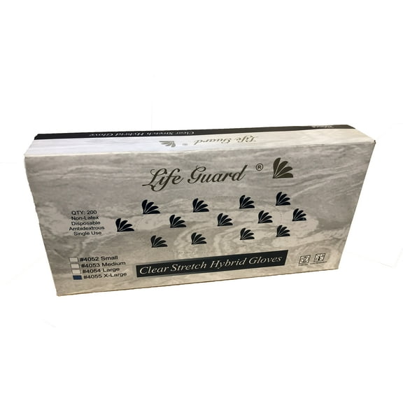 Life Guard Clear Stretch Hybrid Gloves, Disposable, Non-Latex, Ambidextrous, 200 Gloves Per Box, Size XL