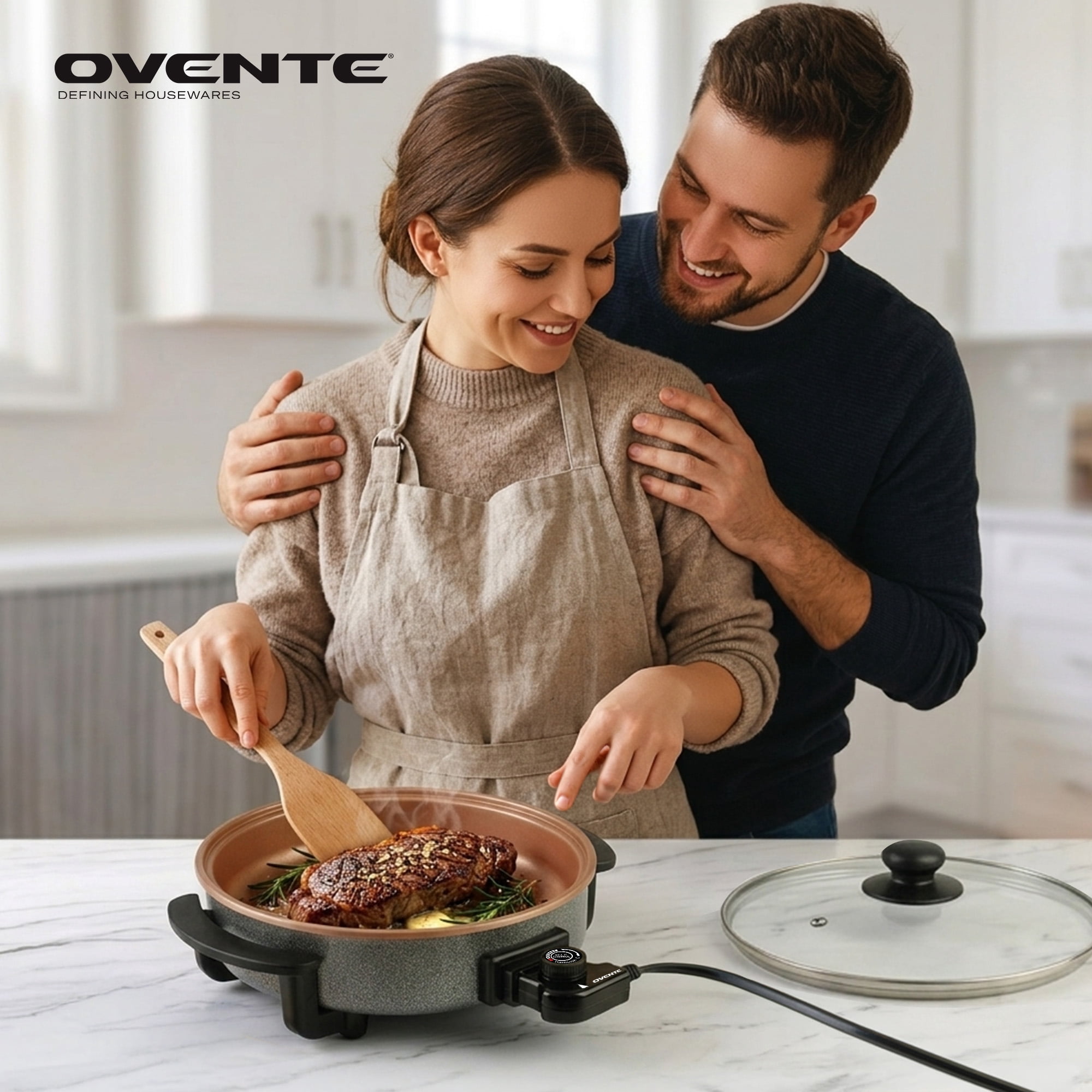 OVENTE 11.5-Inch Electric Skillet, 1400W Nonstick Pan, Copper SK11112CO | Adjustable Temperature Control, Tempered Glass Lid with Steam Vent, Cool-Touch Handles, Easy to Clean Design