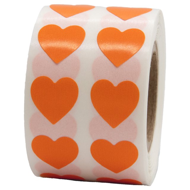 Orange Heart Stickers, 0.5 Inch Wide, 1000 Labels on a Roll