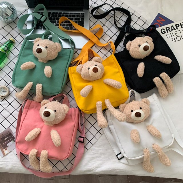new plush bear canvas bag handbag messenger bag children diagonal cute small school bag bear cartoon shoulder bag heqiyong LED