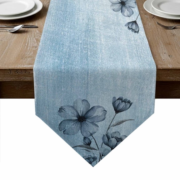 Blue Flower Table Runner Linen Burlap Table Runner 36 Inches Small Retro Gradient Texture Painting Plant Leaf Dresser Scarves for Kitchen Island Coffee Dining Room Party Holiday Decoration 13"x36"
