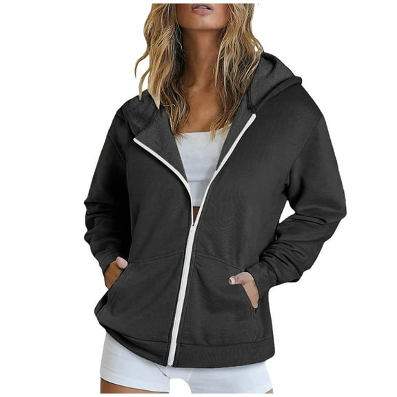Womens Zip Up Hoodies, Fall Coats for Women Outdoor Athletic Loose Fit Solid Color Drawstring Hooded Long Sleeve Pullover with Pockets S-2XL