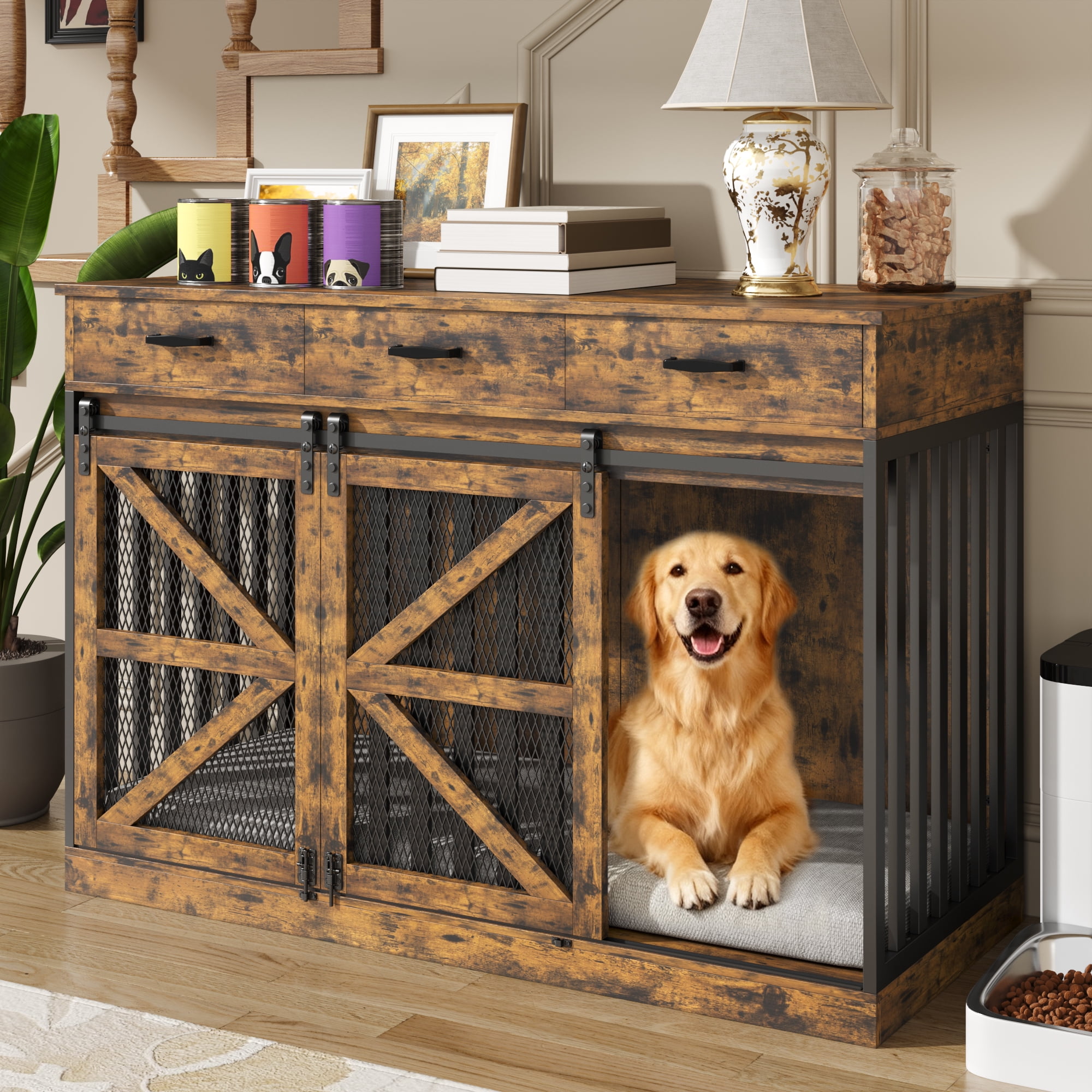 Casendy Dog Crate Furniture with Adjustable Divider for 2 Dogs, Heavy Duty Dog Kennels with 3 Drawers and Sliding Doors, Media Console Dog Cage for Living Room, Brown