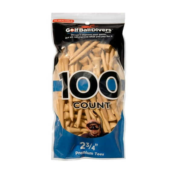 Golf Tees - 100 Pack of 2 3/4 inch natural wood tees - Resealable Ziploc Pack
