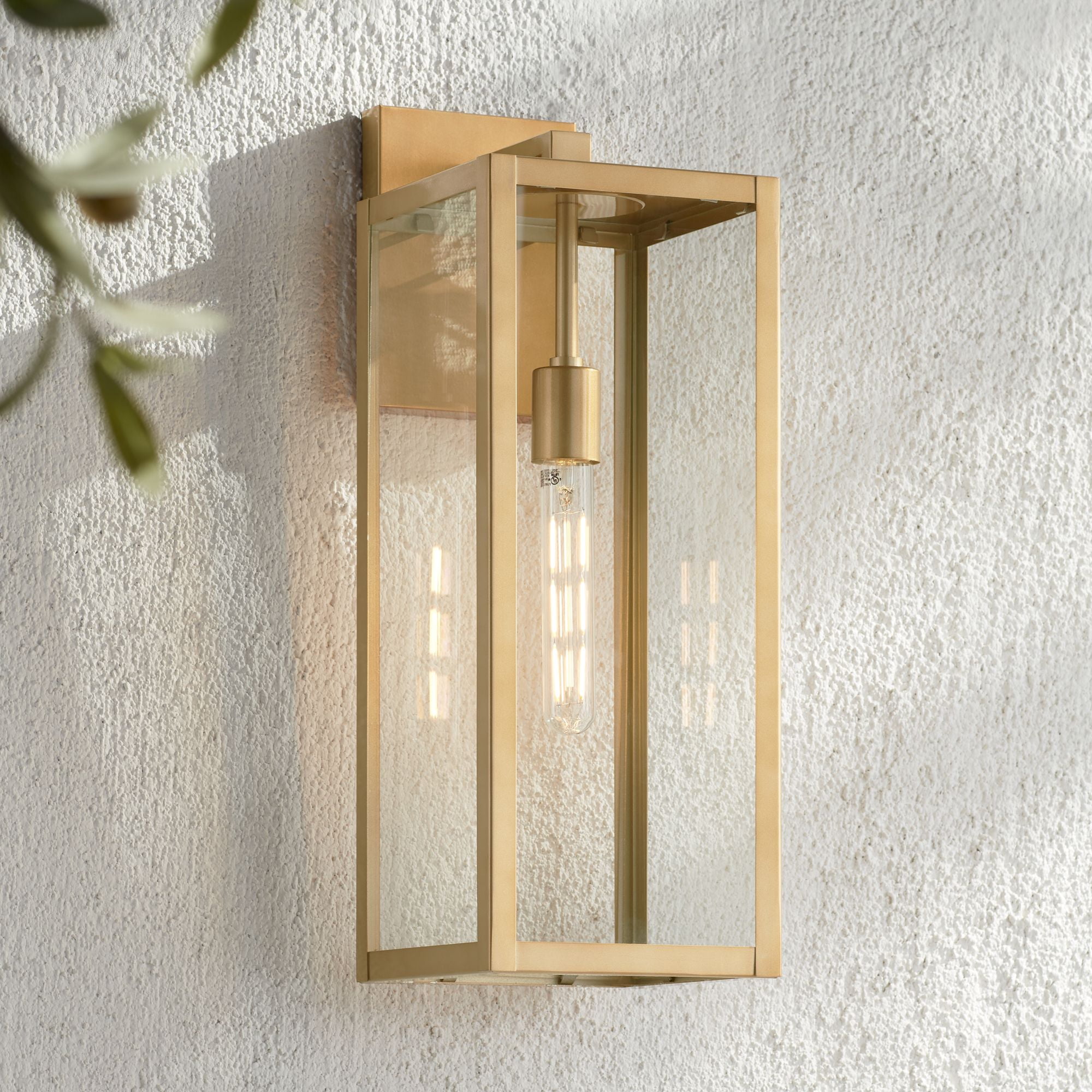 John Timberland Titan Modern Outdoor Wall Light Fixtures Set of 2 Soft Gold Rectangular Frame 20 1/4" Clear Glass for Post Exterior Barn