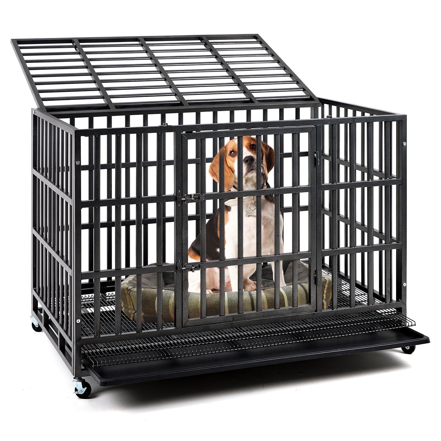 TIME RAY 38 in Heavy Duty Indestructible Dog Crate Steel Escape Proof Dog Cage Kennel for Medium Large Dogs Indoor Double Door High Anxiety Dog Crate with Wheels, Lock& Removable Tray, Black