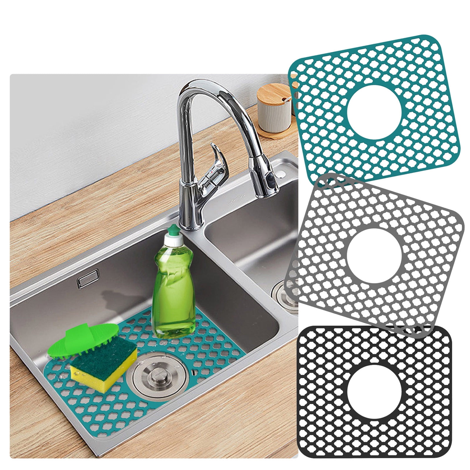 Iuhan 3Pcs Sink Mat, Silicone Sink Protector Mat Non-Slip Folding Drainage Mat, Kitchen Sink Liner Accessory for Stainless Steel Porcelain Sink Bottom