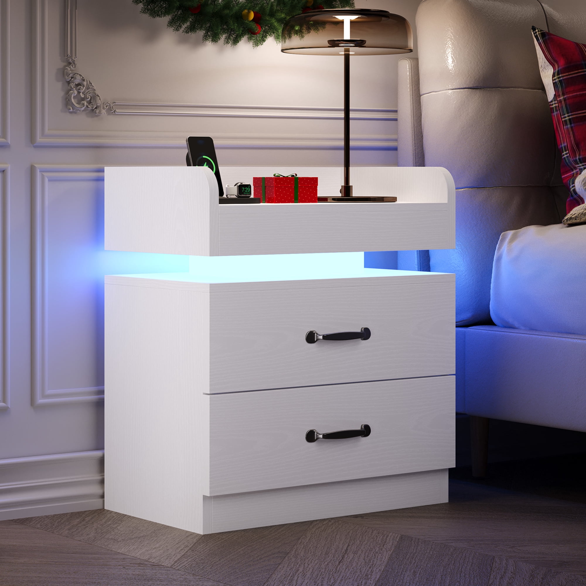 LED Nightstand, Modern White Night Stand End Tables with Charging Station & LED Lighting, 2 Drawers, Open Shelf Storage, Bedside Tables for Bedroom & Living Room