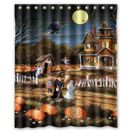 GreenDecor Halloween Wizard Pumpkin Ghost Waterproof Shower Curtain Set with Hooks Bathroom Accessories Size 60x72 inches