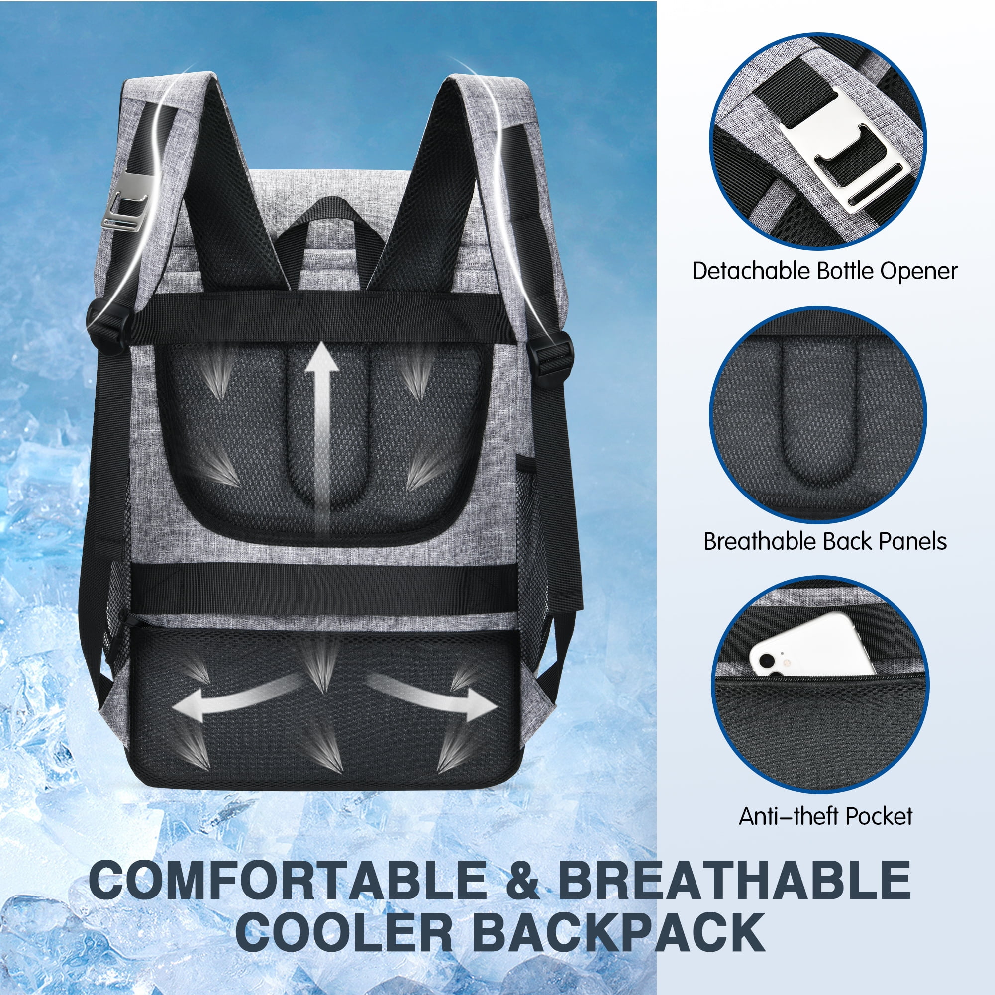 Klein Tools 22 .8 qt. Backpack Cooler and Ice Pack Set, 3-Piece, Gray