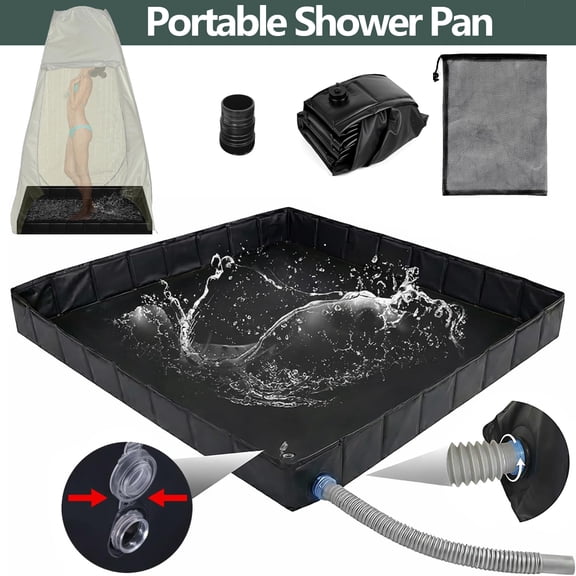 Portable Shower Pan 41" x 41" x 5" with Mesh Storage Bag, Foldable Camping Shower Base & Floor with Detachable Drain Pipe Ideal for Camping, RV, Outdoor, Indoor and Portable Shower Stall