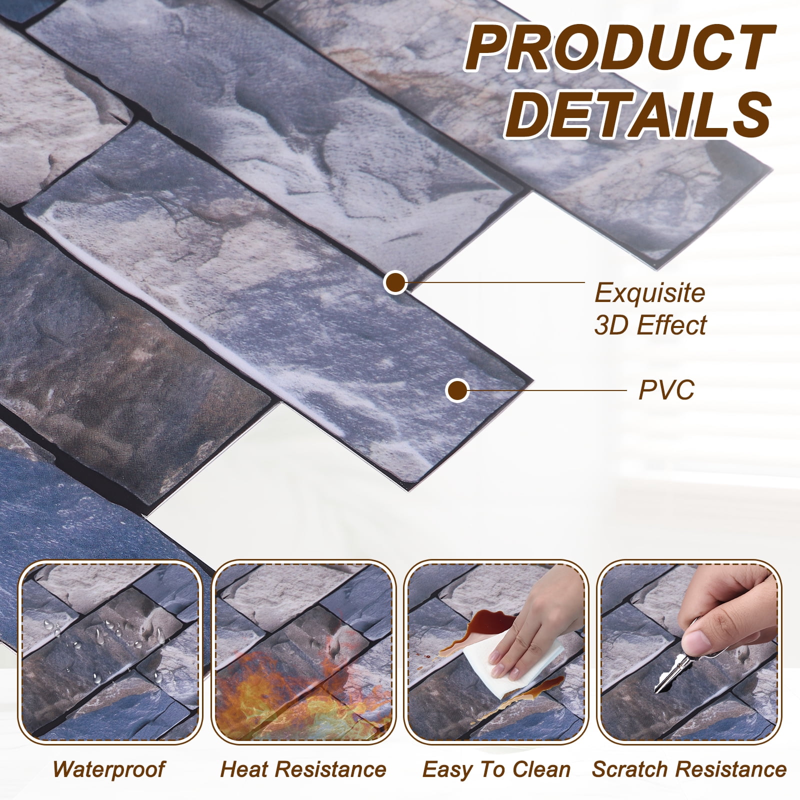 Uxcell 10Pcs Peel and Stick Backsplash Tiles 10.6" x 10.6" 3D Thickened Stone Texture Self-Adhesive Tile Stickers Wallpaper Wall for Kitchen Bathroom Bedroom, Blue Gray Brown