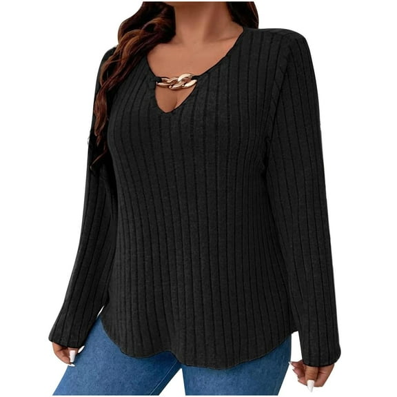 Women Solid Color Plus Size Fall And Winter Long Sleeve V-Neck Metal Buckle SweaterLoose Sweater
