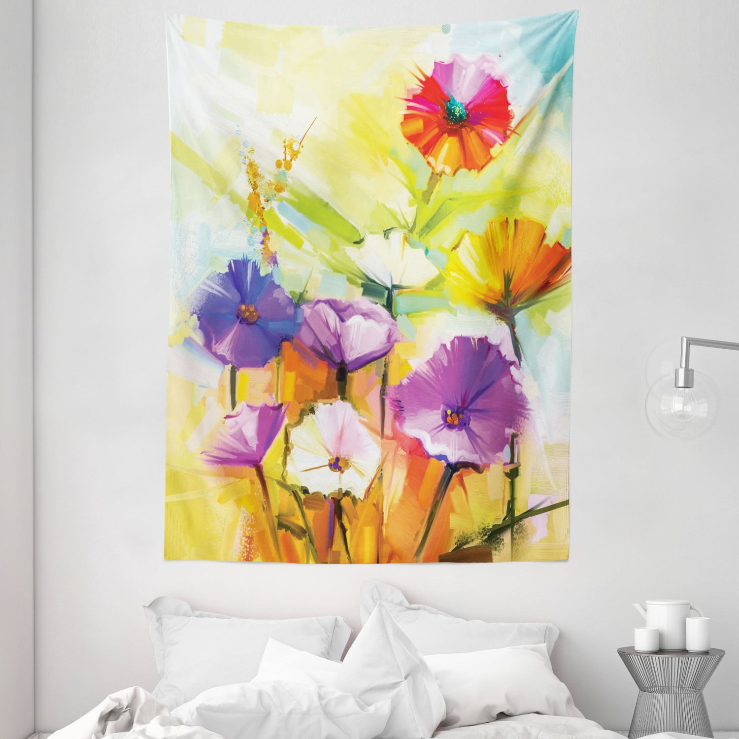 Ambesonne Fine Art Tapestry, Vivid Artistic Wild Flowers Creative Spring Aura Painting Print Gerbera Bloom, Wall Hanging for Bedroom Living Room Dorm Decor, 60W