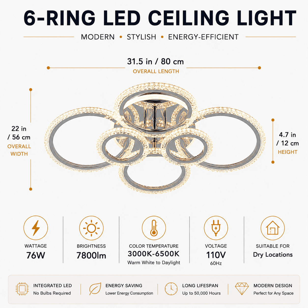 Garwarm Chrome 6-Ring LED Ceiling Light, Modern Dimmable Flush Mount Ceiling Light with Remote, Acrylic Ring Ceiling Lamp Fixture for Living Room, Dining Room, Bedroom