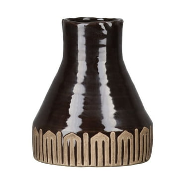 Ceramic Round Vase with Irregular Narrow Lip and Banded Tribal Pattern Design Bottom Gloss Finish Dark Brown