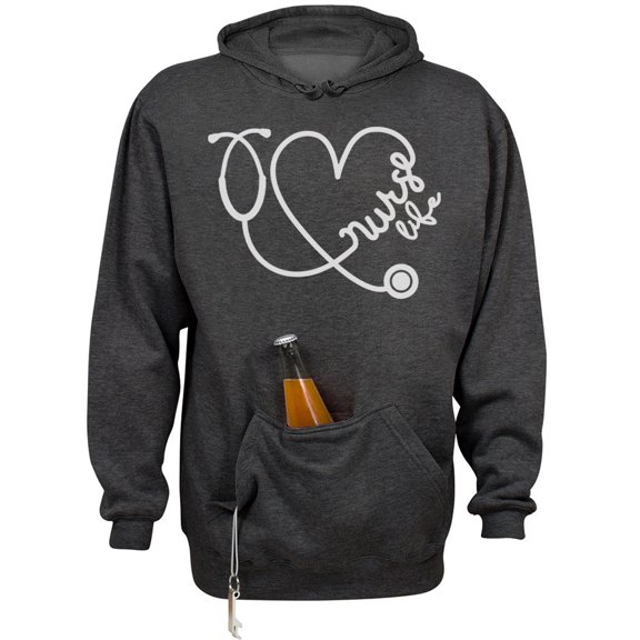 Nurse Life Heart Beer Holder Tailgate Hoodie Sweatshirt Unisex Large Charcoal Heather