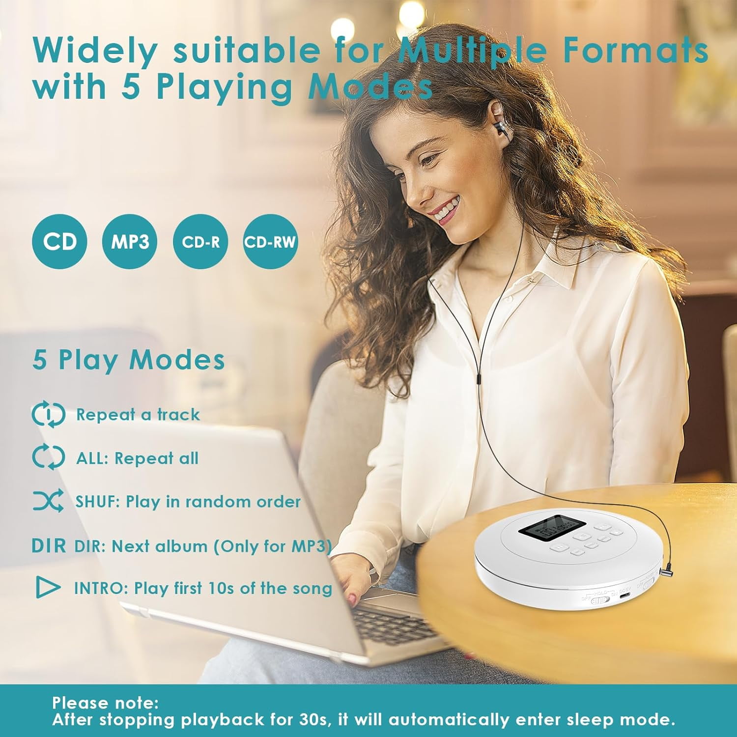 Gueray CD Player Portable Walkman, CD Player for Car Anti-Skip Shockproof, CD Players for Home with Headphones Jack USB AUX & LCD Display CD Disc, White