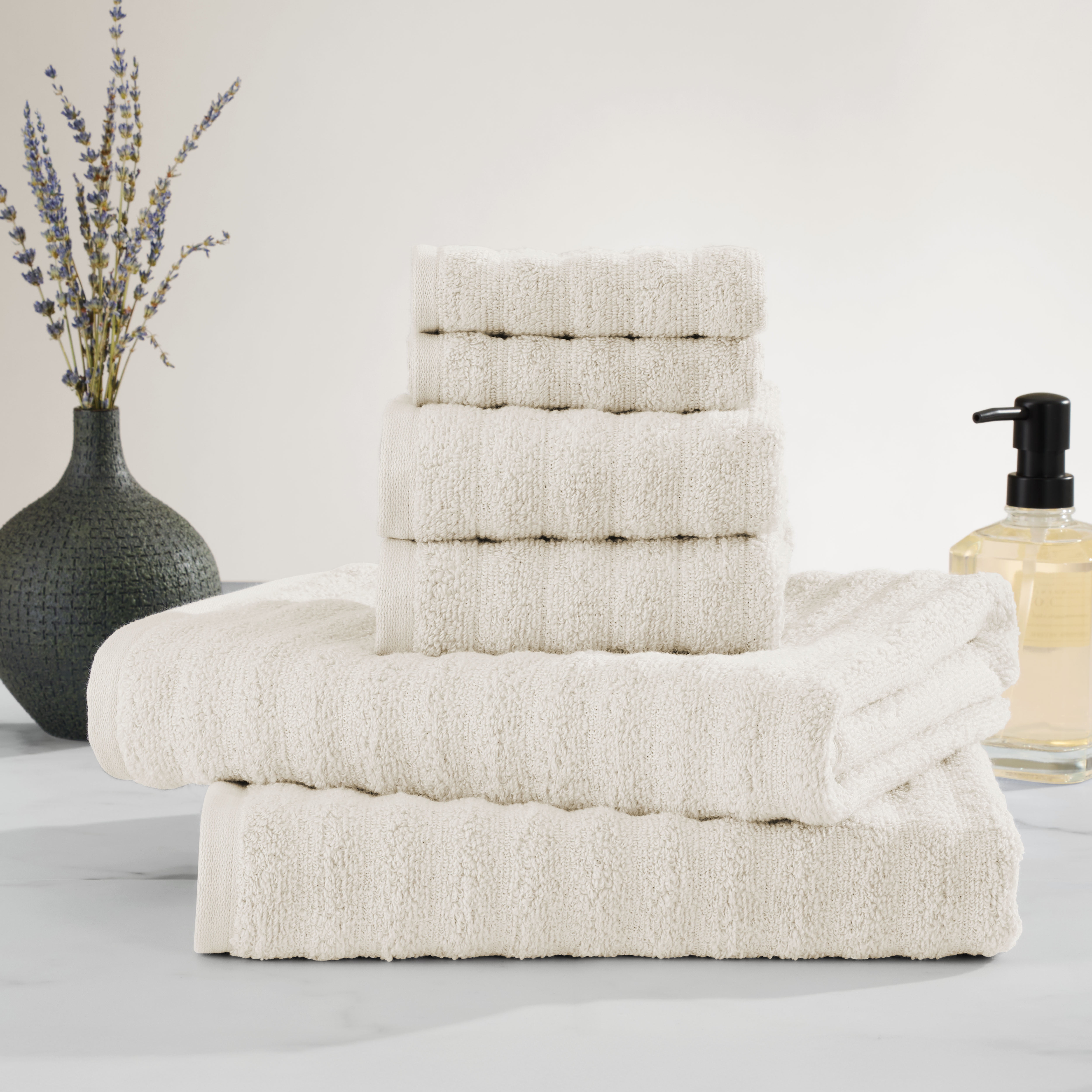 Mainstays Performance Cotton 6-Piece Bath Towel Set, Super Soft Quick Dry Fade Resistant, Textured Beige